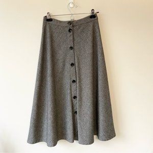 Wool Blend Herringbone A Line Buttoned Midi Skirt
